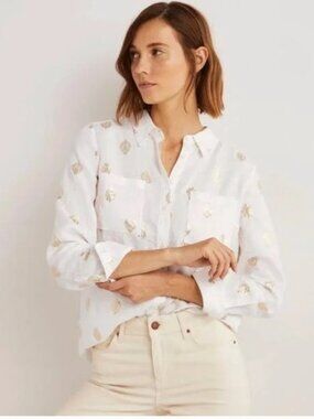 BODEN White Linen Button Down Shirt Top Size 14 with Gold Print - NWT Brand New!